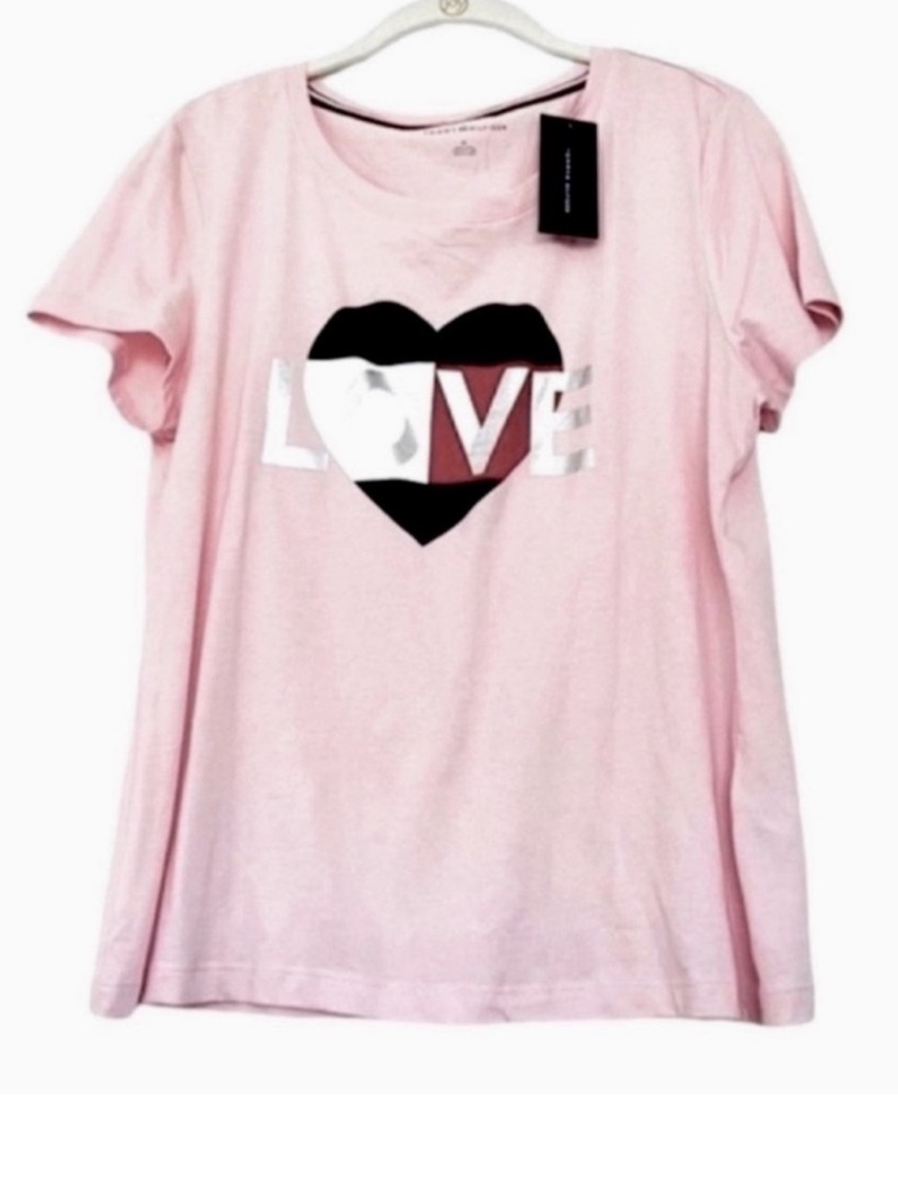 NEW Tommy Hilfiger Short Sleeve Tee LOVE Graphic Pink Blue Silver Size M